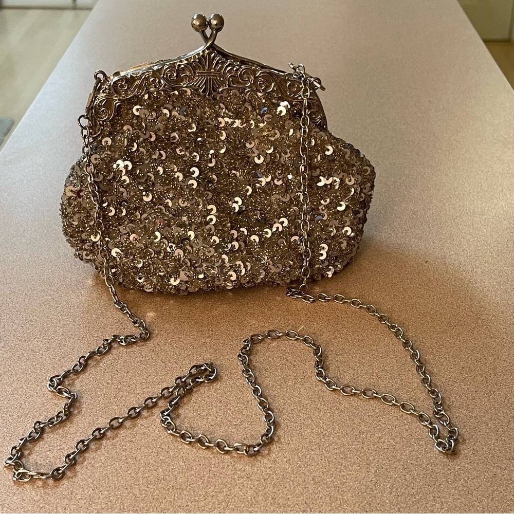 Vintage Silver Sequin Kiss-Lock Evening Bag with Detachable Chain